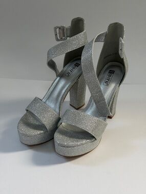 Silver Glitter Platform Heels Ankle Strap | Prom Wedding Party Shoes